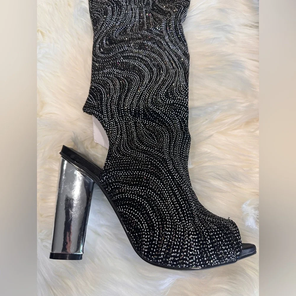 New: Bamboo Bling peep toe block‎ heel boots